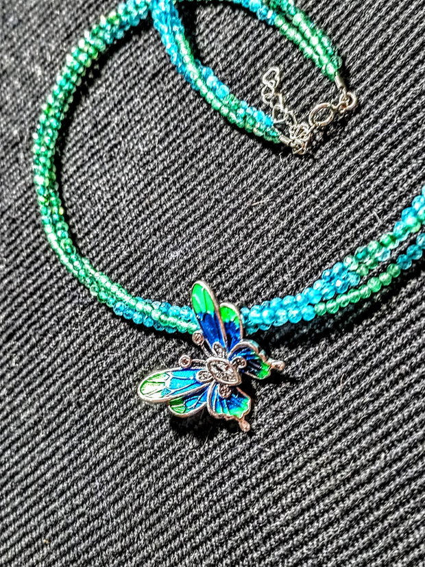 Colier argint X3 labradorit verde calcedonie albastra verde charm argint emailat fluture asimetric nuante minimalist boho chic trendy -Transport gratuit