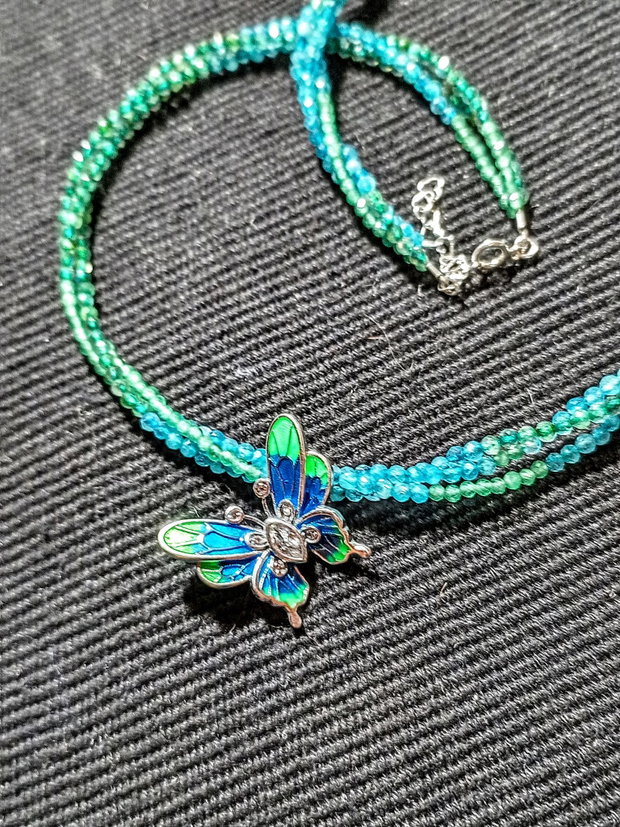 Colier argint X3 labradorit verde calcedonie albastra verde charm argint emailat fluture asimetric nuante minimalist boho chic trendy -Transport gratuit