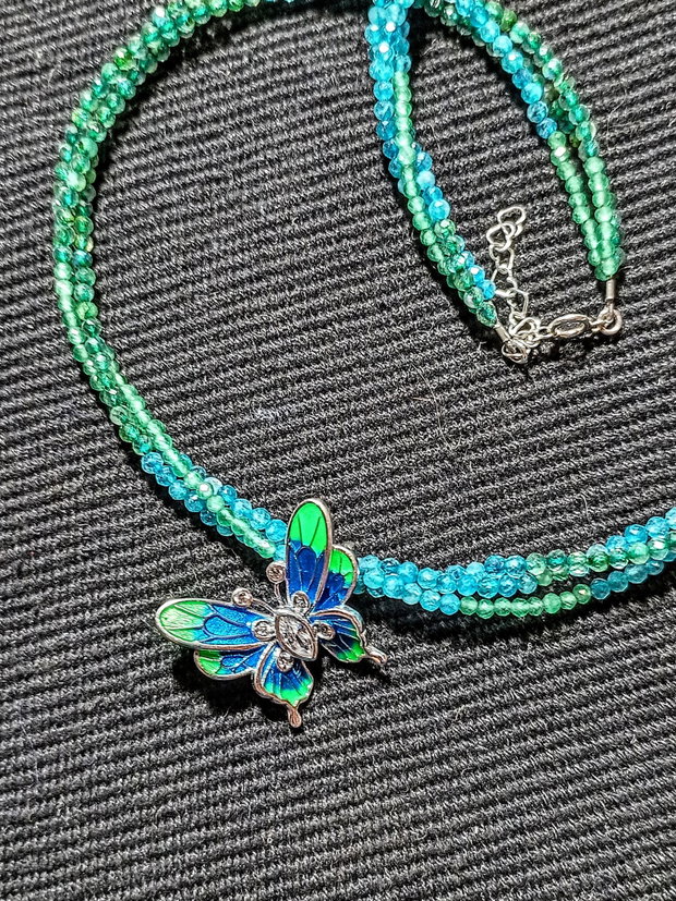 Colier argint X3 labradorit verde calcedonie albastra verde charm argint emailat fluture asimetric nuante minimalist boho chic trendy -Transport gratuit