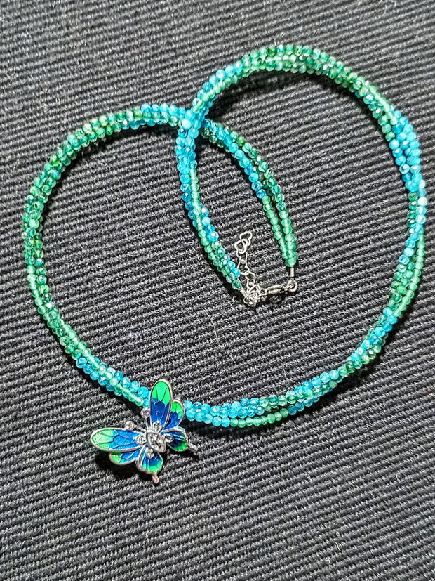 Colier argint X3 labradorit verde calcedonie albastra verde charm argint emailat fluture asimetric nuante minimalist boho chic trendy -Transport gratuit