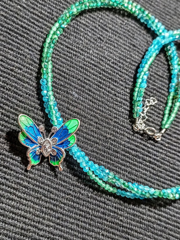 Colier argint X3 labradorit verde calcedonie albastra verde charm argint emailat fluture asimetric nuante minimalist boho chic trendy -Transport gratuit