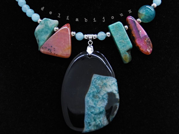 Colier statement - agat, angelit și amazonit bijuterie handmade cu pietre naturale (cod1355)