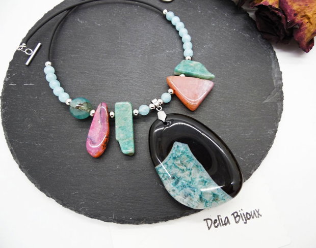 Colier statement - agat, angelit și amazonit bijuterie handmade cu pietre naturale (cod1355)