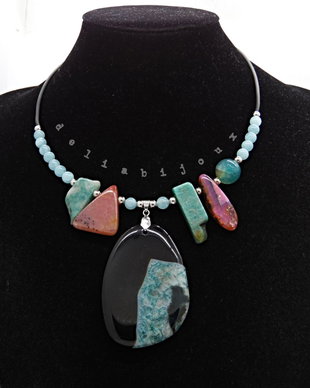 Colier statement - agat, angelit și amazonit  bijuterie handmade cu pietre naturale (cod1355)