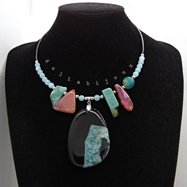 Colier statement - agat, angelit și amazonit bijuterie handmade cu pietre naturale (cod1355)