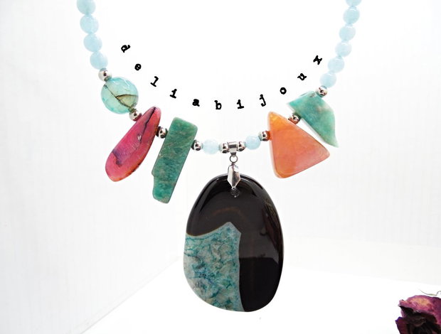 Colier statement - agat, angelit și amazonit bijuterie handmade cu pietre naturale (cod1355)