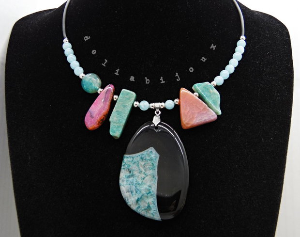 Colier statement - agat, angelit și amazonit bijuterie handmade cu pietre naturale (cod1355)