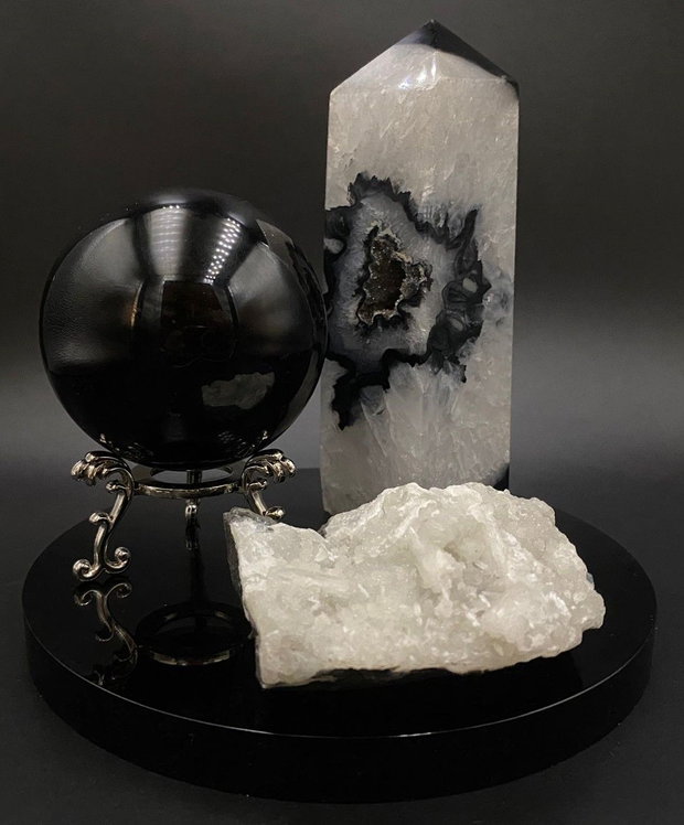 Set Cristale - Agat Negru&Obsidian&Apofilit - Decoratiune Pietre Semipretioase