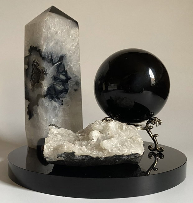 Set Cristale - Agat Negru&Obsidian&Apofilit - Decoratiune Pietre Semipretioase