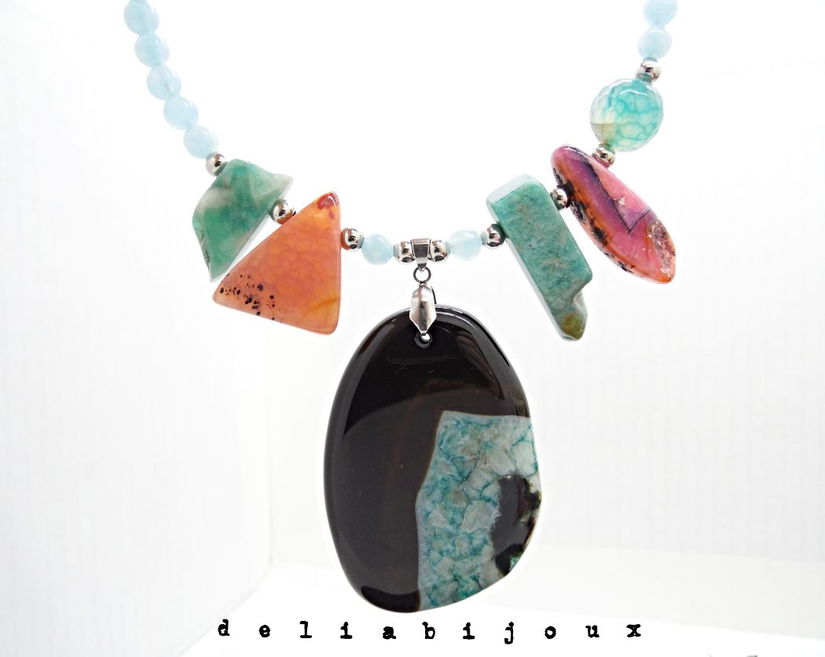 Colier statement - agat, angelit și amazonit bijuterie handmade cu pietre naturale (cod1355)