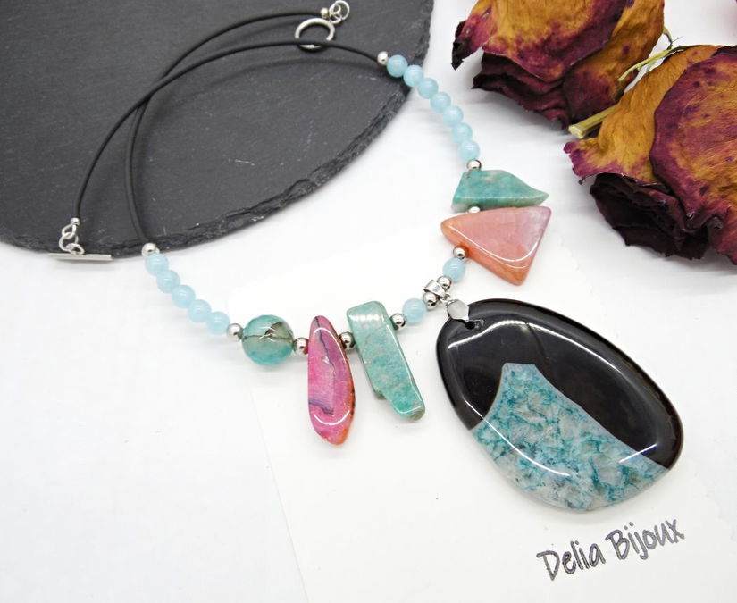 Colier statement - agat, angelit și amazonit bijuterie handmade cu pietre naturale (cod1355)