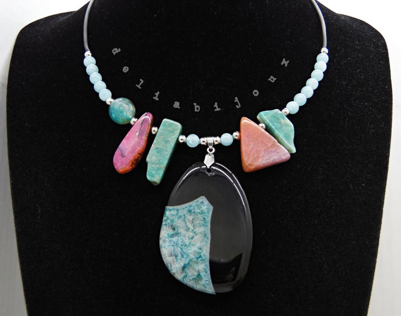 Colier statement - agat, angelit și amazonit bijuterie handmade cu pietre naturale (cod1355)