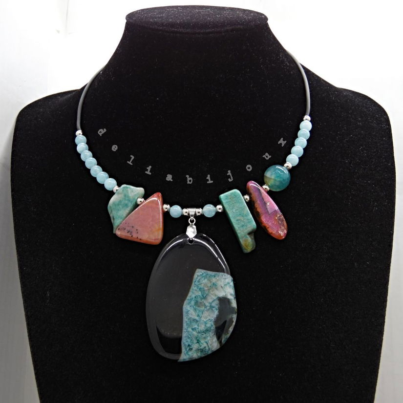 Colier statement - agat, angelit și amazonit bijuterie handmade cu pietre naturale (cod1355)