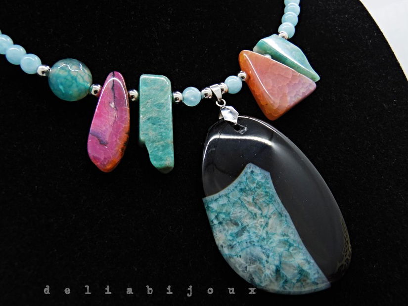 Colier statement - agat, angelit și amazonit bijuterie handmade cu pietre naturale (cod1355)