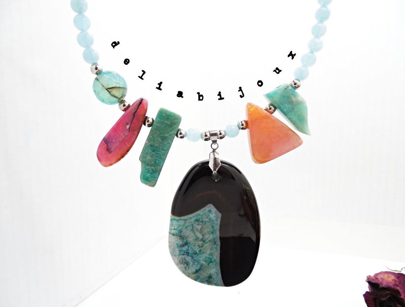 Colier statement - agat, angelit și amazonit bijuterie handmade cu pietre naturale (cod1355)