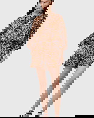 AllSaints pantaloni scurți din amestec de mătase CHARLI culoarea portocaliu, cu imprimeu, high waist, W037TC