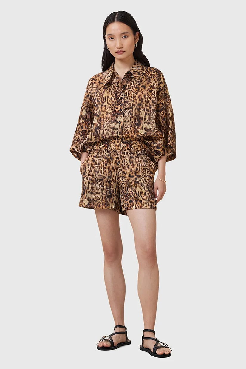 AllSaints pantaloni scurți din amestec de mătase CHARLI culoarea portocaliu, cu imprimeu, high waist, W037TC