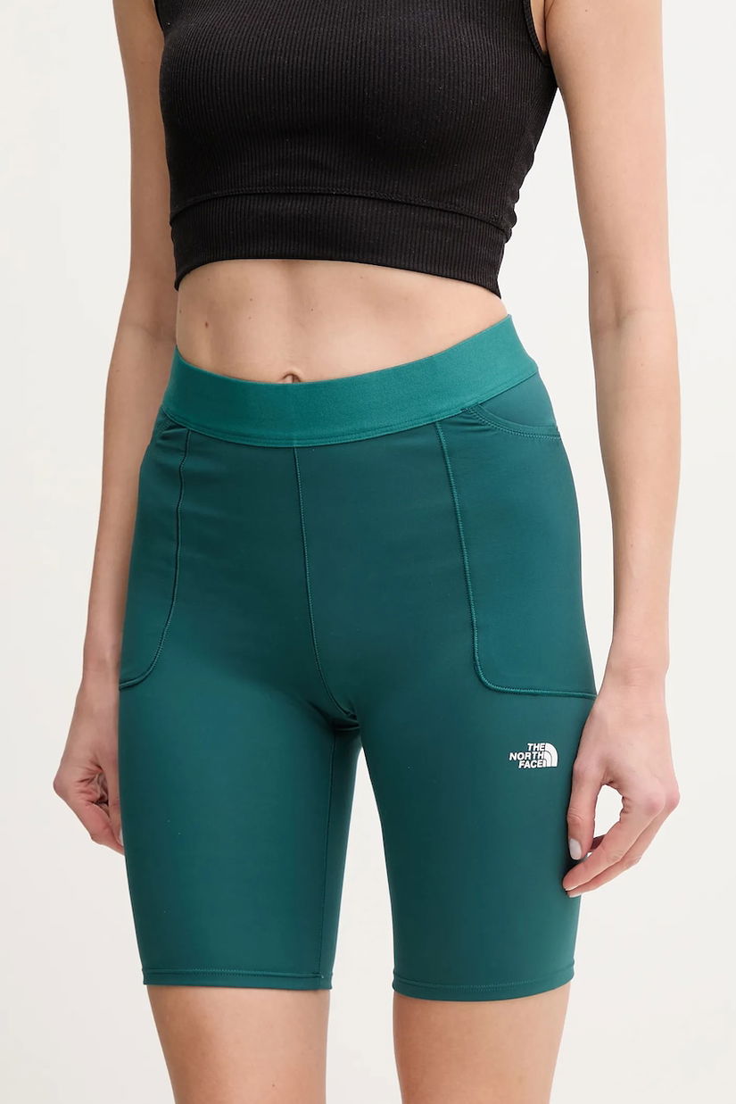 The North Face pantaloni scurti sport Refina femei, culoarea verde, neted, high waist, NF0A8EF76GI1