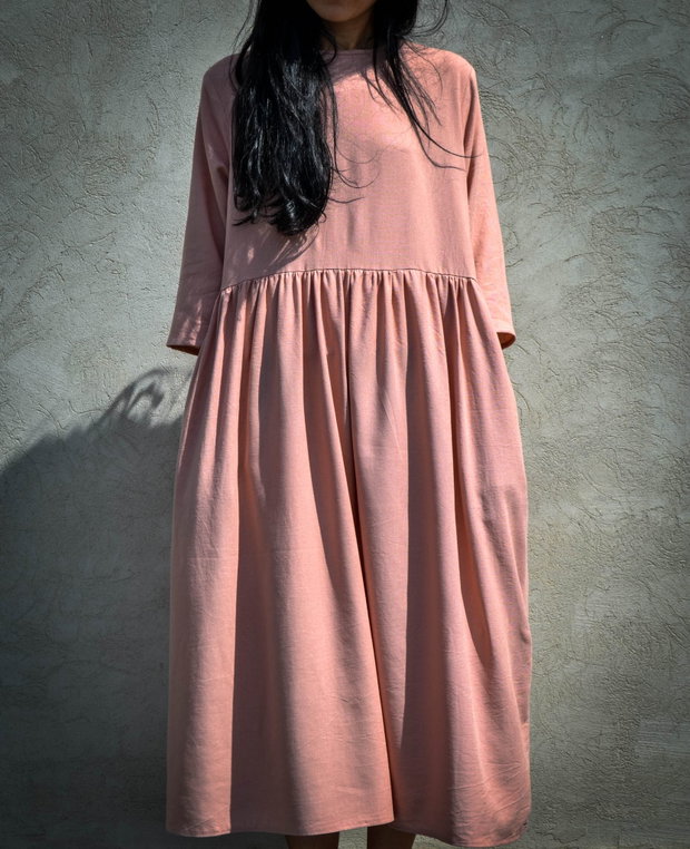 Rochie midi din in de culoare roz prăfuit