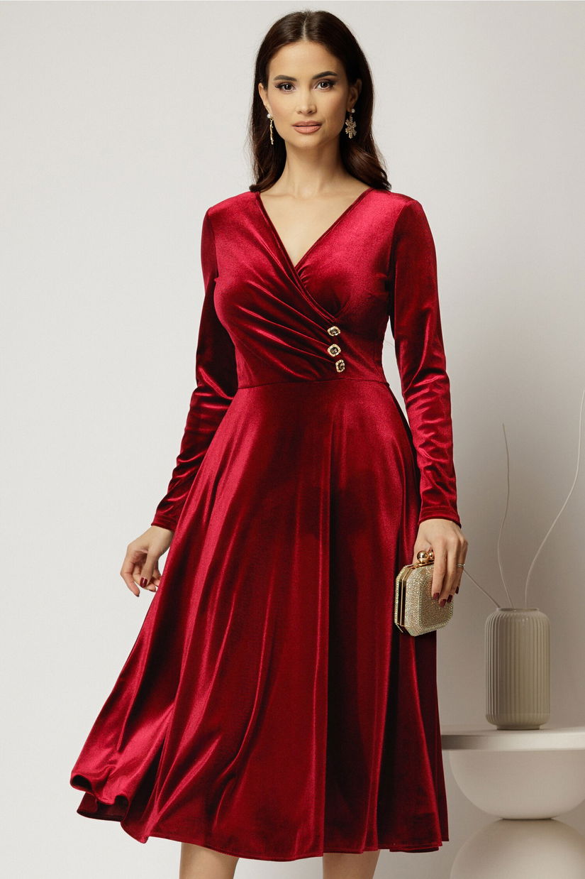 Rochie midi din catifea bordo cu bustul petrecut si nasturi eleganti