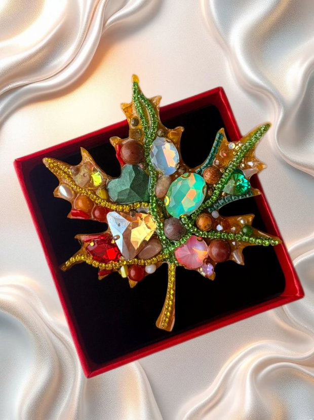 Broșă handmade eleganta -Broșă elegantă Frunză handmade cu pietre semiprețioase Jasp, Jad, Unakit, Coral și Citrin model unicat, cadou cu semnificație | Lovely 4 U