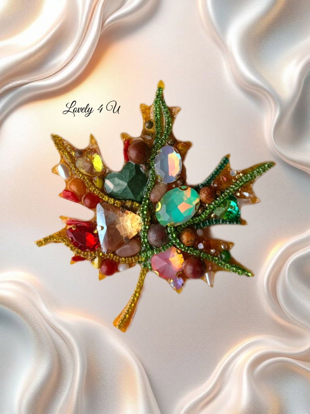 Broșă handmade eleganta -Broșă elegantă Frunză handmade cu pietre semiprețioase Jasp, Jad, Unakit, Coral și Citrin model unicat, cadou cu semnificație | Lovely 4 U