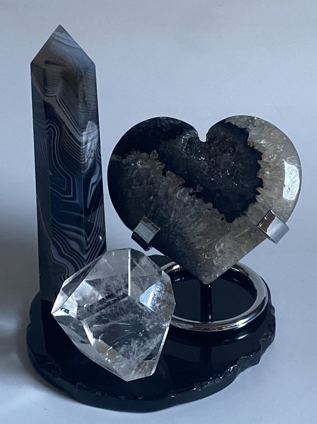 Set Cristale - Agat Negru&Cuart Transparent - Decoratiune Pietre Semipretioase