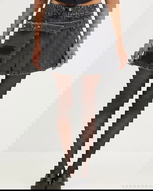 AMBUSH fustă din denim Denim Pleats Skirt culoarea negru, mini, evazată, BWYF002F24DEN0011100