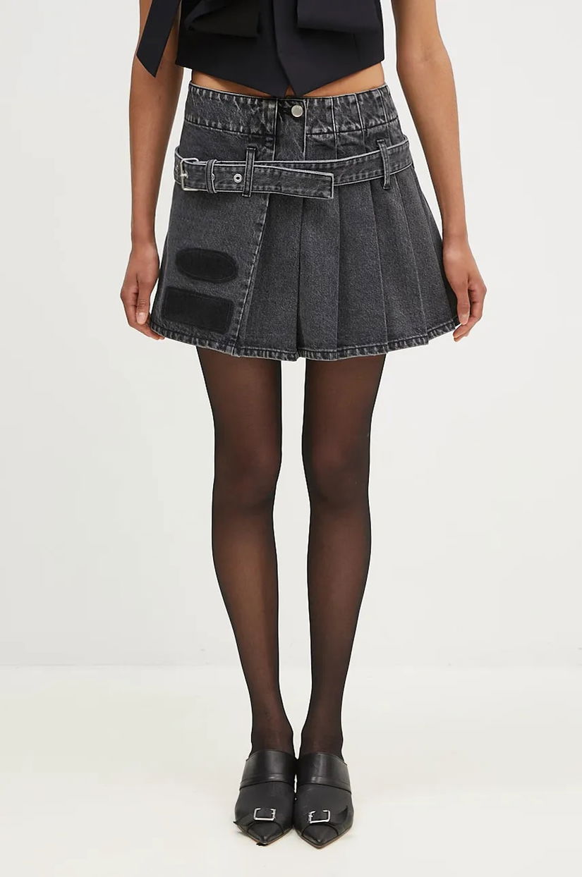 AMBUSH fustă din denim Denim Pleats Skirt culoarea negru, mini, evazată, BWYF002F24DEN0011100