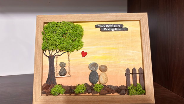 Tablou handmade / Cadou cuplu / nasi / fini / familie din pietre, licheni, lemn, cu mesaj personalizat