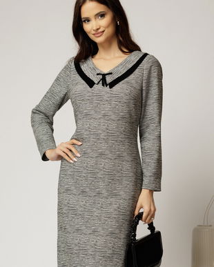 Rochie gri office cu guler dublu si insertii de catifea