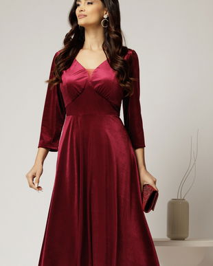 Rochie midi din catifea bordo cu decolteu V
