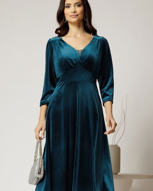Rochie midi din catifea verde cu decolteu V