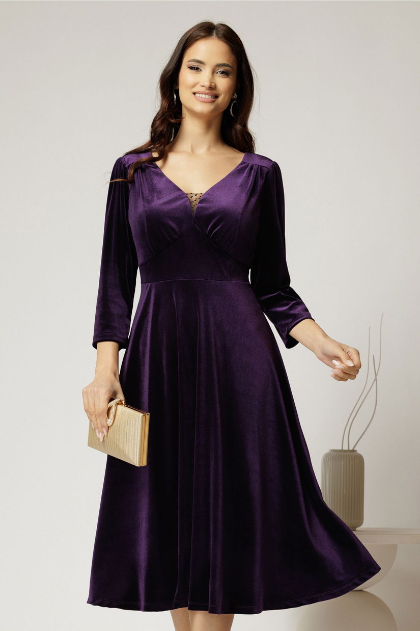 Rochie midi din catifea mov cu decolteu V