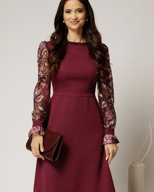 Rochie DY Fashion magenta cu maneci lungi din broderie