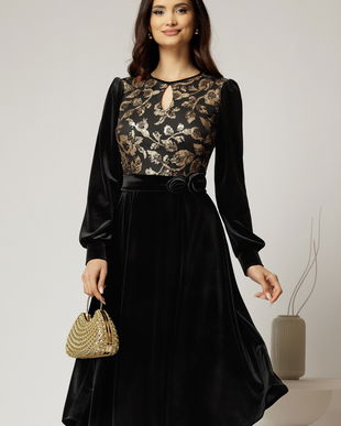Rochie midi neagra din catifea cu bustul din paiete si cordon detasabil