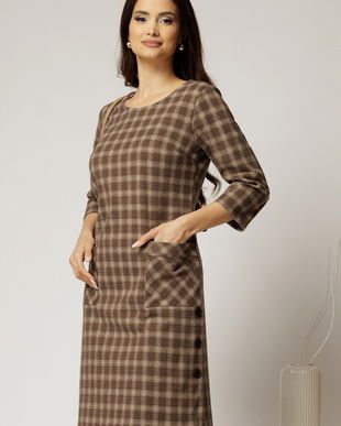 Rochie midi bej in carouri din lana cu buzunare