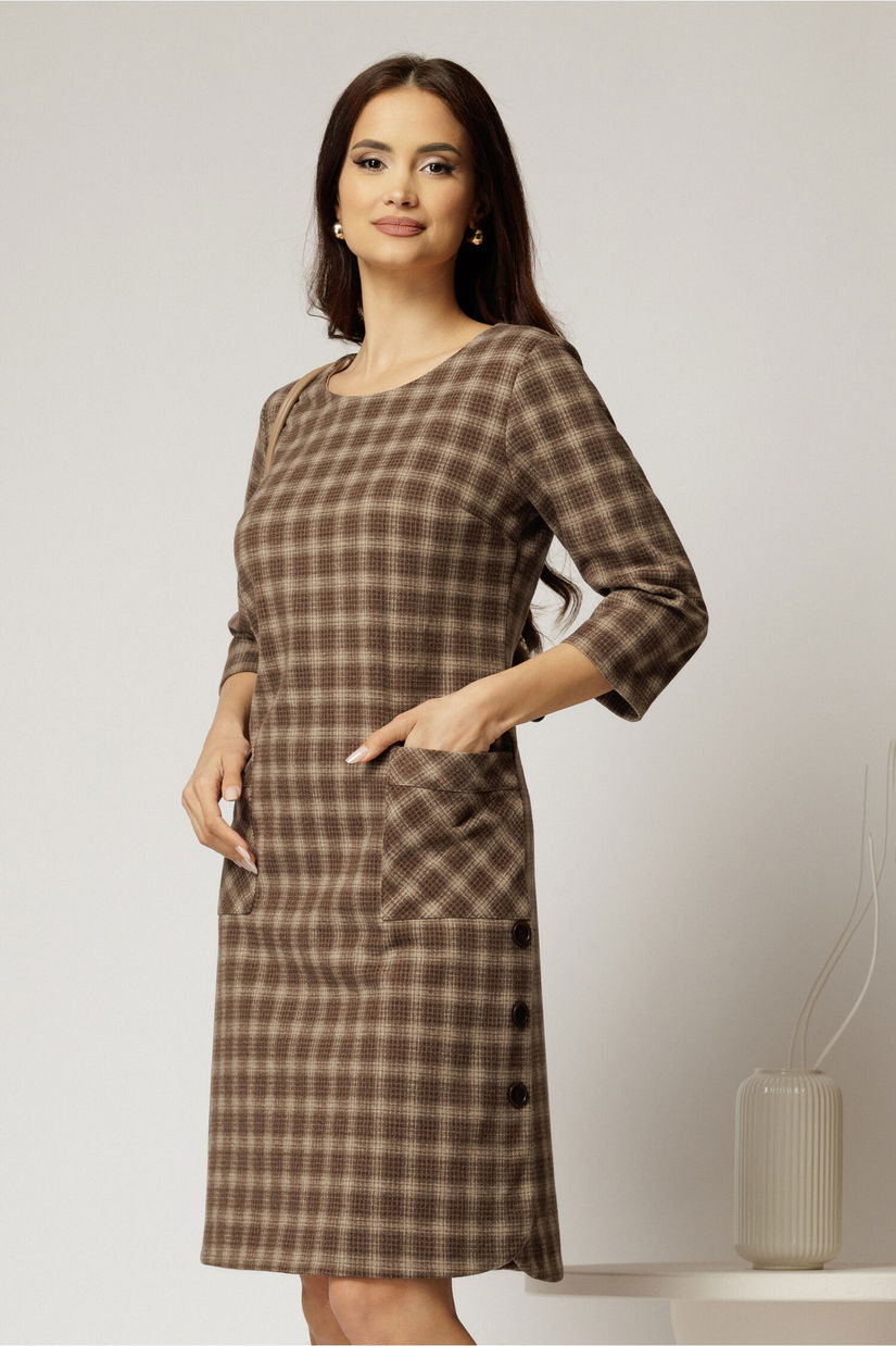 Rochie midi bej in carouri din lana cu buzunare