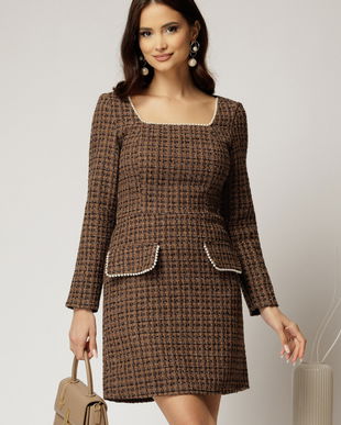 Rochie Bonnie bej din tweed cu lurex si perle