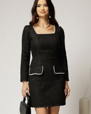 Rochie Bonnie neagra din tweed cu lurex si perle