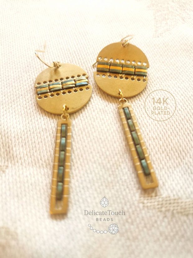Cercei statement cu Tila verde si bronz auriu cercei Dangle,tortite placate cu aur 14K