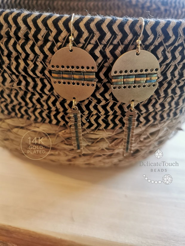 Cercei statement cu Tila verde si bronz auriu cercei Dangle,tortite placate cu aur 14K
