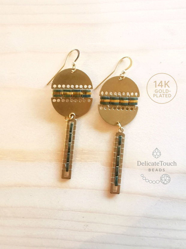 Cercei statement cu Tila verde si bronz auriu cercei Dangle,tortite placate cu aur 14K