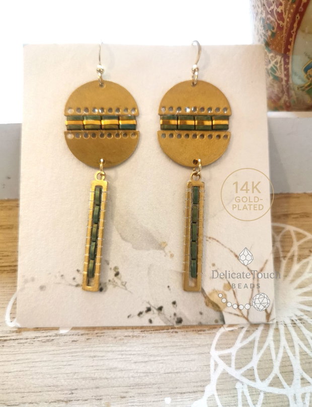 Cercei statement cu Tila verde si bronz auriu cercei Dangle,tortite placate cu aur 14K