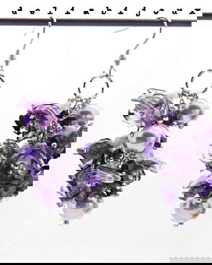 Cercei Statement Mov din Plastic Reciclat Flori Handmade cu Perle și Cristale, Bijuterii Eco Unicat (cod1357)