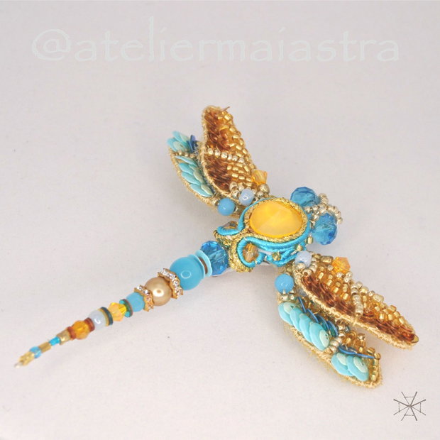 brosa libelula auriu turcoaz 3D , bijuterii handmade, brosa cristal