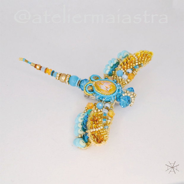 brosa libelula auriu turcoaz 3D , bijuterii handmade, brosa cristal
