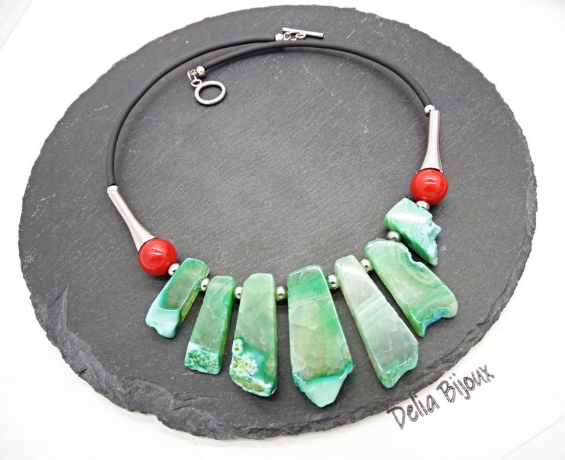 Colier statement cu agate naturale și mărgele de scoică (cod1358)