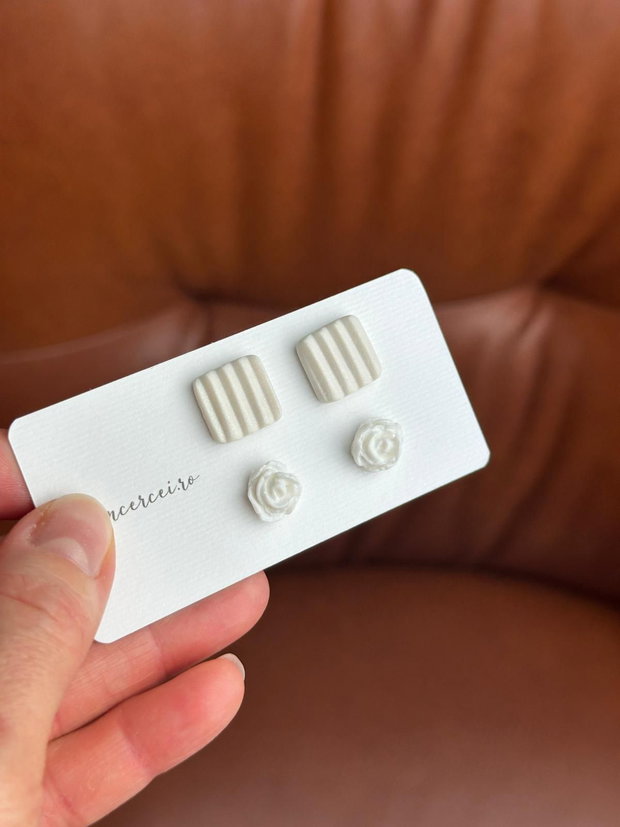 Cercei "White combo" - cercei studs, cercei mici, cercei albi