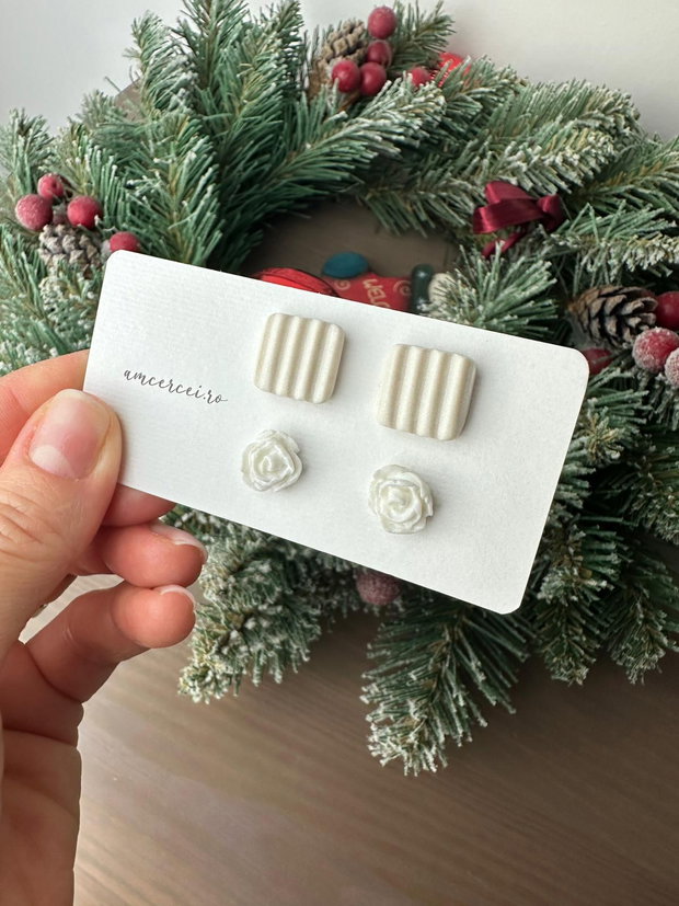 Cercei "White combo" - cercei studs, cercei mici, cercei albi